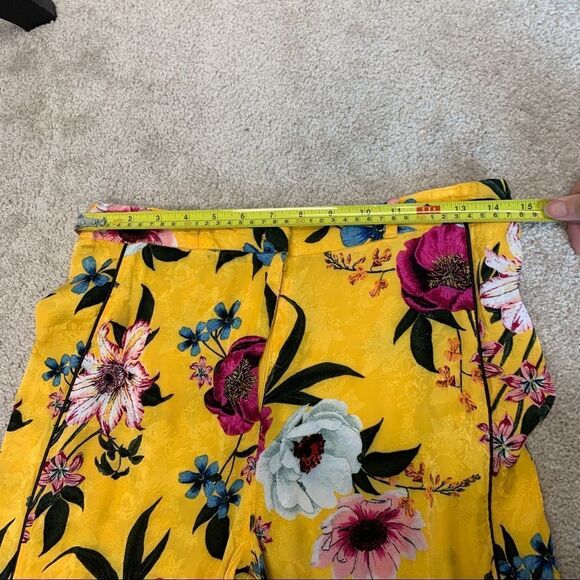 Topshop Asian Oriental yellow floral flower print wide leg trousers belted Sz 8 - Picture 12 of 16